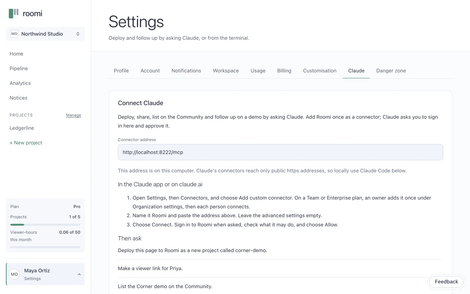The app’s Connect Claude settings, with the connector’s address to paste into Claude.