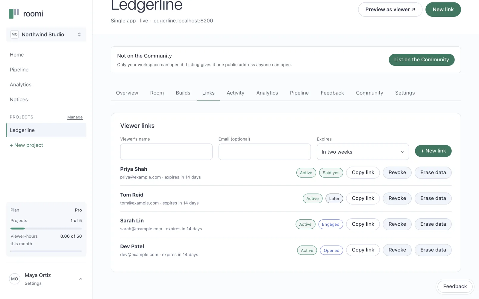 The Links tab, listing each viewer’s link with its state and expiry.