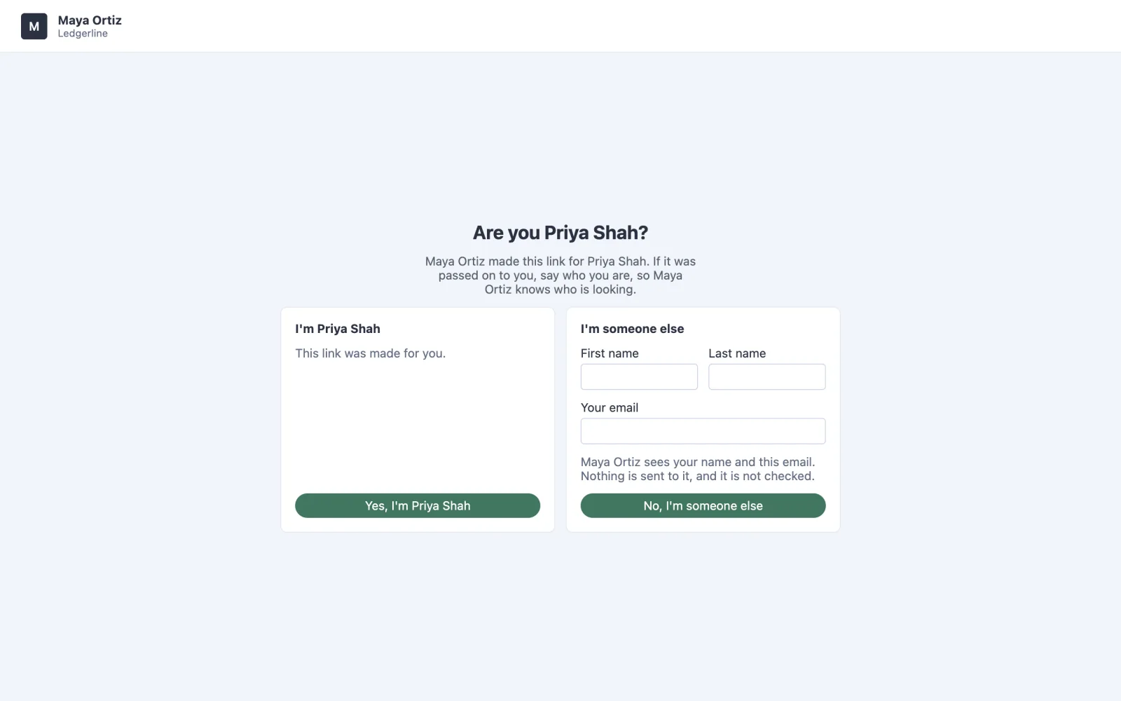 The room asking “Are you Priya Shah?” on opening her link.