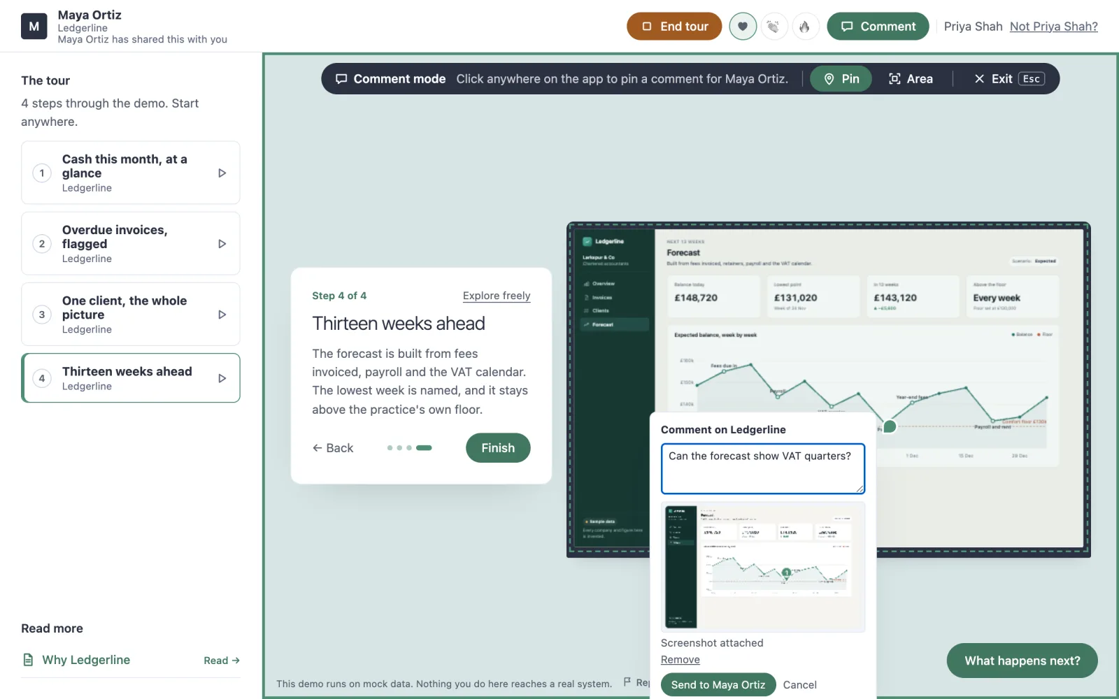 The room in comment mode, with a comment pinned to the forecast.