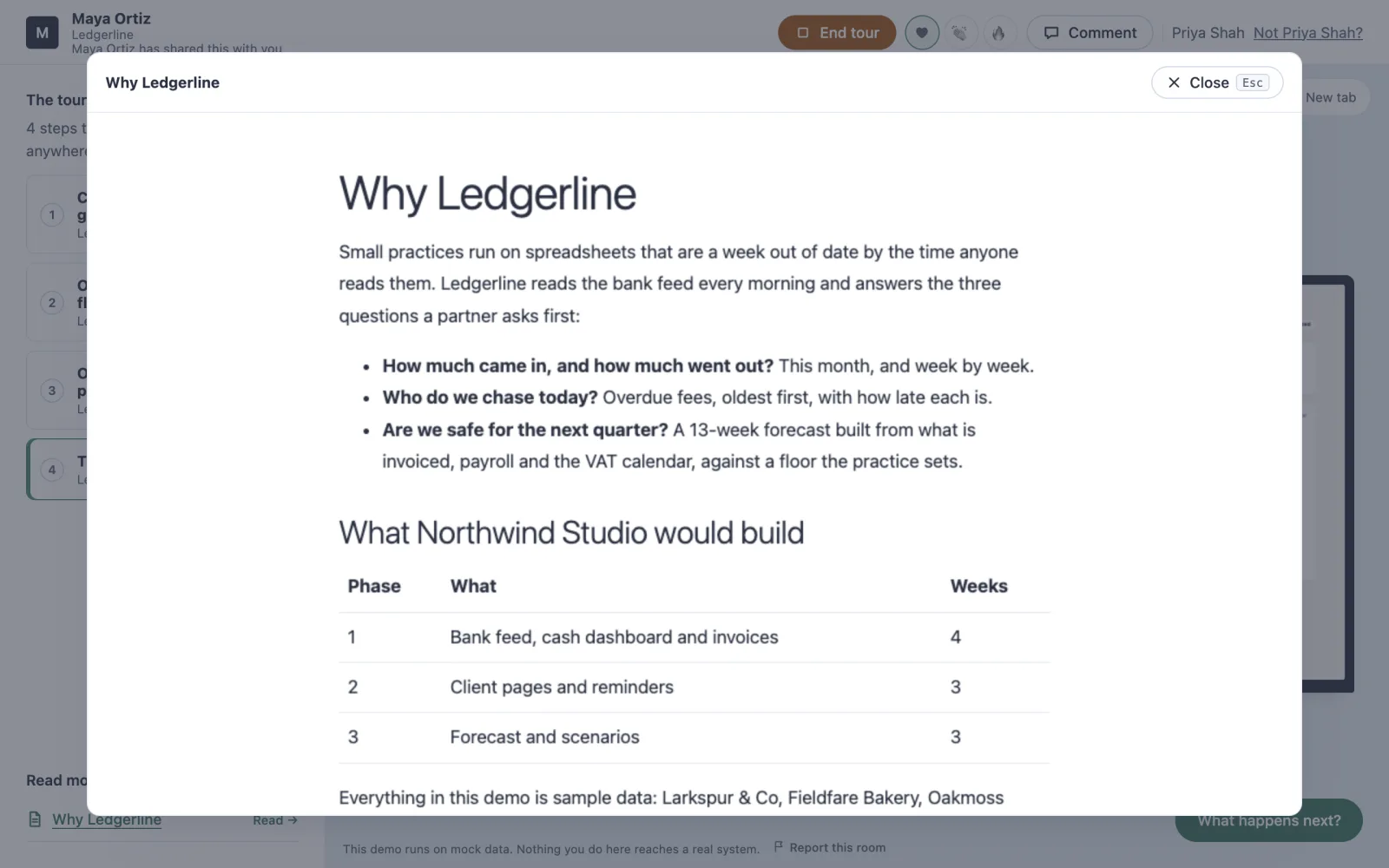 A page from Read more, open over the room: why Ledgerline matters, and what Northwind Studio would build.